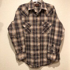 Plains Western Wear Men's Long Sleeve Pearl Snap Button Down Shirt Brown Plaid L